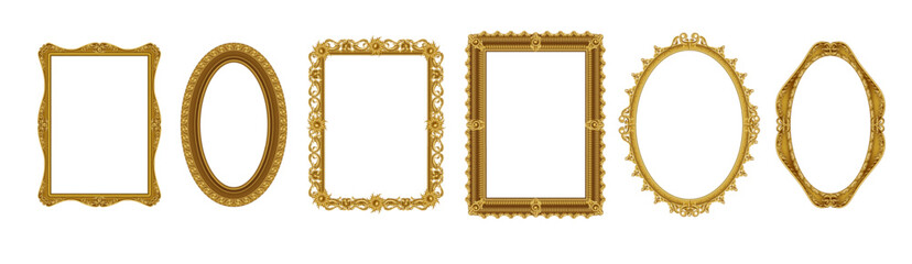 Realistic picture frames. Empty gold museum borders. Golden photo antique ornate. Victorian royal ornaments. Luxury rococo art. Oval and square decorative frameworks. Vector exact set