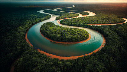 Aerial view of the Amazonas jungle landscape with river bend. Generative AI - obrazy, fototapety, plakaty