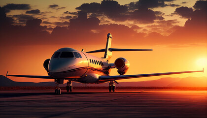 Fototapeta na wymiar airplane or private jet in sunset. Generative AI