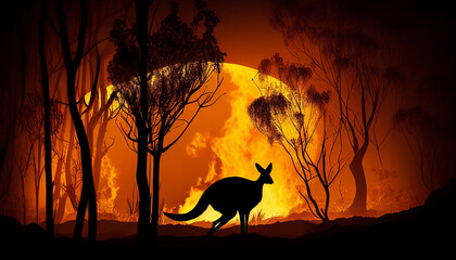 Australian bushfire with kangaroo silhouette. Generative AI