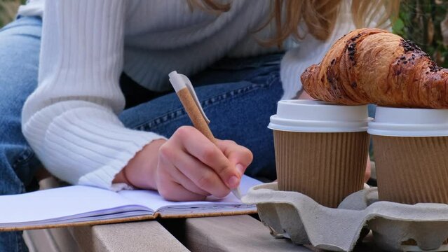 Young student study with notebook in park. Drinking coffee and eat croissants. Writing gratitude journal self reflection self discovery Outdoors warm autumn seashore. 