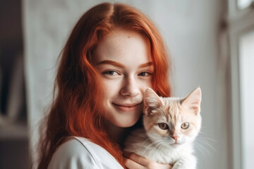 Red-haired young woman hugs her cat Generative AI