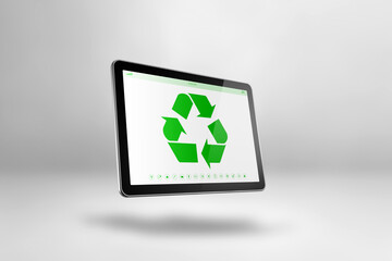 Digital tablet PC with a recycling symbol on screen. environmental conservation concept