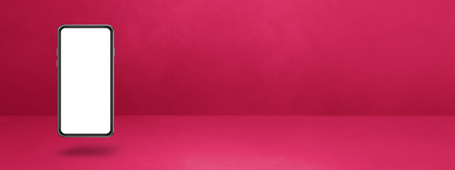 Floating smartphone isolated on pink. Horizontal banner background