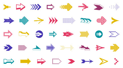 Arrow symbols big set of different shapes styles and concepts, cursors for icons or logo creation, single color monochrome logotypes.