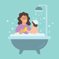 Mom bathes her baby in a bubble bath. Vector hand drawn illustration in cartoon flat style.