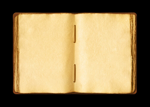 Old open medieval book with worn parchment pages. Isolated on black background
