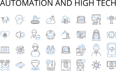 Automation and high tech line icons collection. Artificial intelligence, Modern technology, Computerized systems, Digital revolution, Robotic innovations, Automated processes, Technological