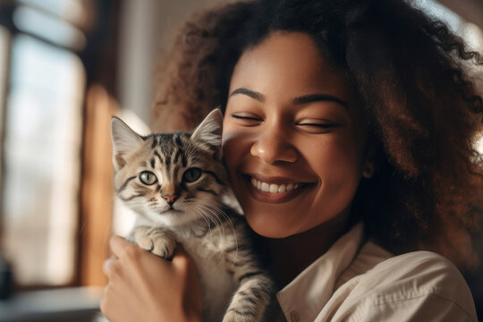 Happy woman hugging cute cat Generative AI