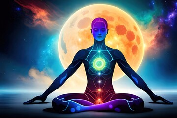 yoga in the lotus position with moon and galaxy background, generative ai