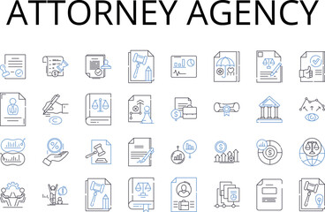 Attorney agency line icons collection. Counsel firm, Advocate bureau, Lawyer company, Solicitor office, Legal agency, Attorney house, Barrister enterprise vector and linear illustration. Litigation