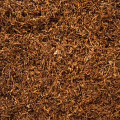 Background texture of tobacco finely chopped cooked processed product. Close-up of tobacco for rolling cigarettes. Place for text or background. Copy paste space for your brand or product and packagin