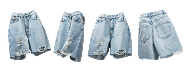 Ripped handmade jeans shorts floating from different sides on light gray background. Fashionable...