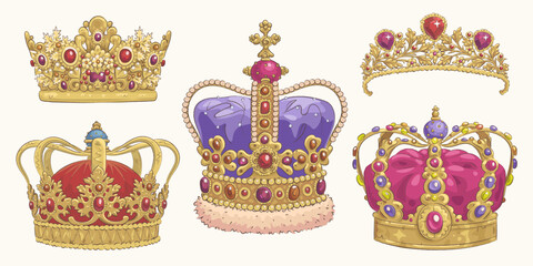 Set of hand drawn golden crowns isolated on background. Vector illustration