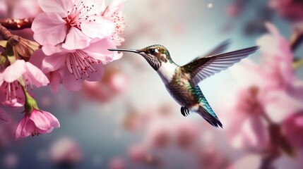 hummingbird savoring nectar from a vibrant pink cherry blossom - Generative ai