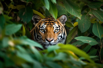Fototapeta premium Tiger Concealed Amidst the Lush Greenery - Generative ai