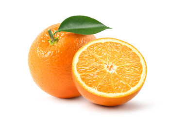 Fresh orange with cut in half isolate on white background. Full depth and high resolution, Clipping path,