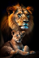 Obraz na płótnie Canvas Colorful Chiaroscuro Portrait Lion with Baby Lion - Generative ai