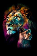 Chiaroscuro Lion Portrait with a Lion cub, Vivid Color - Generative ai