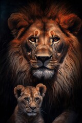 Fototapeta premium Powerful Lion with Adorable Cub - Generative ai