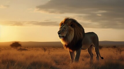 Majestic Lion Standing Tall in the Savannah at Sunset - Generative ai