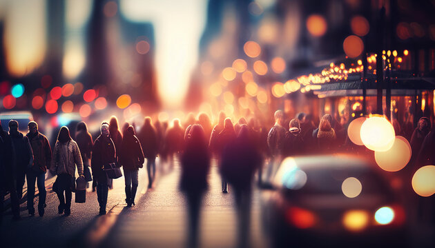 Busy city with people and bokeh light blur background. Generative AI
