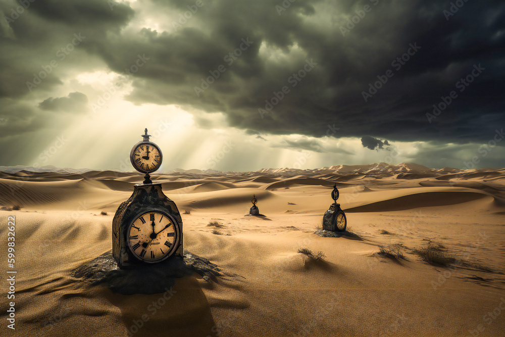 Poster old clocks on desert dunes at sunset. surreal time metaphor composition. time related concept. creat