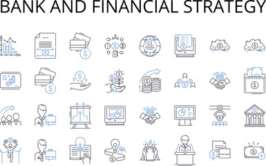 Bank and financial strategy line icons collection. Financial institution, Investment plan, Asset management, Credit union, Financial planning, Investment strategy, Savings plan vector and linear