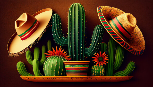 cinco de mayo background with mexican cactus and sombrero. Generative AI