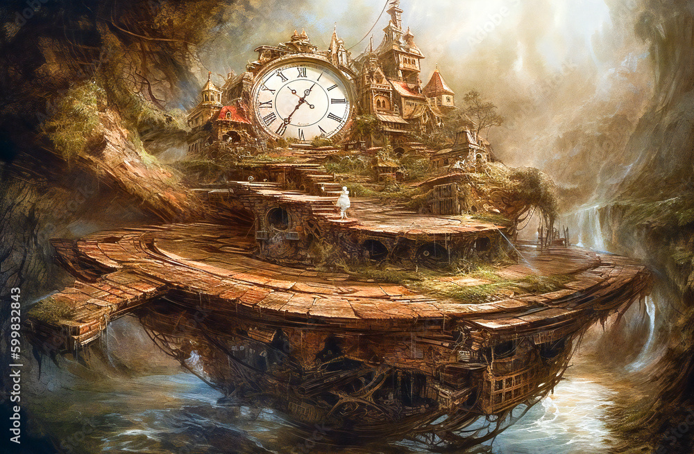 Poster surreal composition of a rusty clock. time related concept. created with generative ai technology.