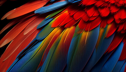 Fototapeta premium close up of Scarlet macaw bird's feather. Generative AI