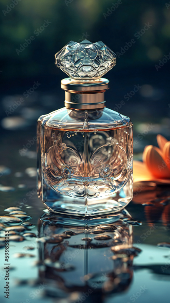 Poster generic perfume bottle reflected in water. luxury concept. created with generative ai technology.