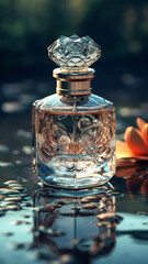 Generic perfume bottle reflected in water. Luxury concept. Created with Generative AI technology.
