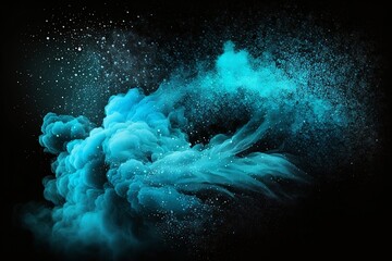 Color mist. Glitter smoke. Paint water splash. Magic potion. light blue glowing sparkling particles fog floating on dark black abstract art background with free space