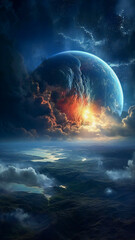 Strange, fantasy dream alien planet, with clouds and a big moon rising. Created with Generative AI technology.