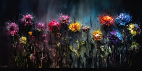 Obraz na płótnie Canvas AI Generated. AI Generative. Beatiful painted oil drawing flowers. Aesthetics style inspired by dark mood Tim Burton vibe. Graphic Art
