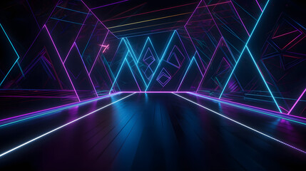 3D render neon line. Geometric figure in neon light background. Laser glow wallpaper. Generative Ai.