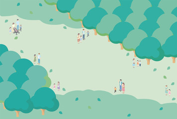 フレーム　背景　アイソメトリック　家族　ファミリー　夏　緑　人物　親子　ベビー　キッズ　イラスト素材