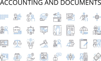Accounting and documents line icons collection. Bookkeeping, Financial management, Record-keeping, Expense tracking, Ledger, Financial statement, Taxation vector and linear illustration. Financial