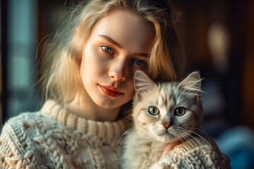 Portrait of a blonde girl holding her cat. Created with Generative AI technology.