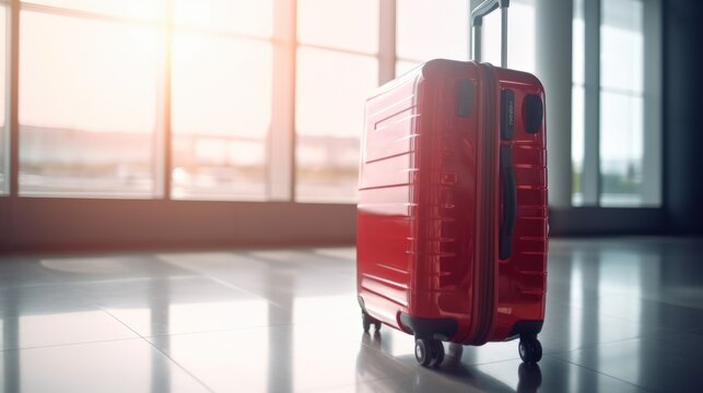 Travel suitcase with airport defocused background. Generative AI