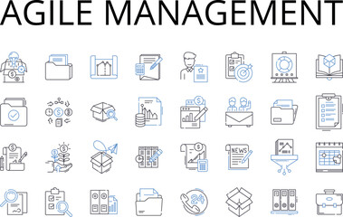 Agile management line icons collection. Lean leadership, Dynamic planning, Adaptive strategy, Proactive approach, Integrated teamwork, Creative problem-solving, Resource optimization vector and linear