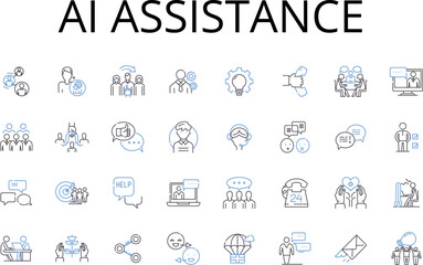 AI assistance line icons collection. Automated help, Digital support, Smart guidance, Virtual aid, Intelligent backing, Modern assistance, Robotic service vector and linear illustration. Technical