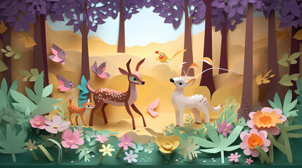 Paper art style 3D environment with animal. Generative AI. 