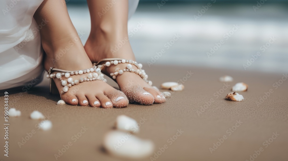 Wall mural close-up of beautiful legs and feet of a woman at the beach, , wearing amazing pearls and boho style