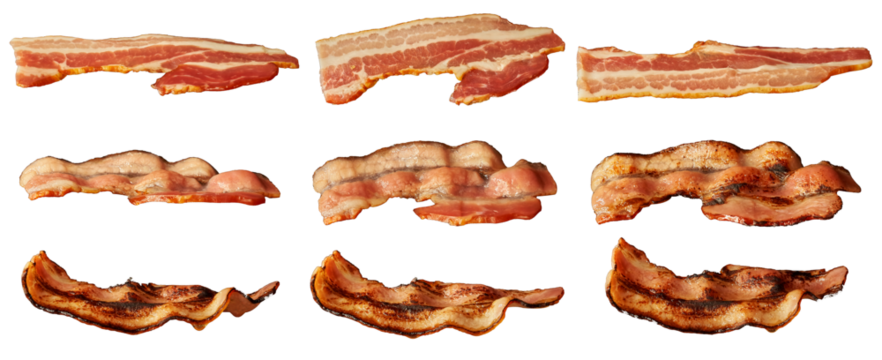 Bacon slices roast degree. Set of meaty smoked bacon strips isolated.