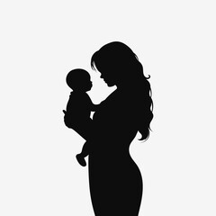 Mother with child. Woman holding baby. Black silhouette.