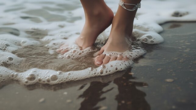extreme close-up of beautiful feet of a woman walking in water at the beach - ai-generated