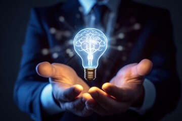 Light bulb with brain inside the hands of the businessman. The concept of the business idea