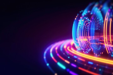 neon color light digital global in cyber space with data line transfer link for future connecting technology concept. 3d rendering visual model